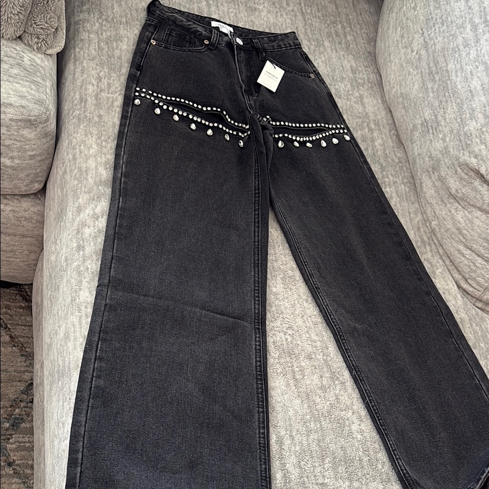 Forever 21 Black Flare Wide Leg Jeans with Stud Details